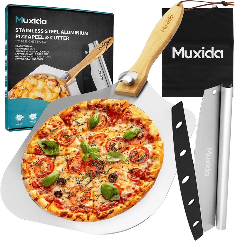 Muxida Aluminum Pizza Peel & Rocker Cutter Set (12" x 14") – Premium Stainless Steel Pizza Paddle with Foldable Wooden Handle, Lightweight Pizza Spatula with Storage Bag for Oven & Outdoor Pizza Maker - Image 1